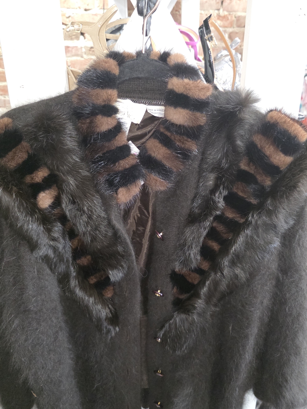 Women's Brown Angora Rabbit-Fur Trim Sweater Cardigan - Picture 2 of 3
